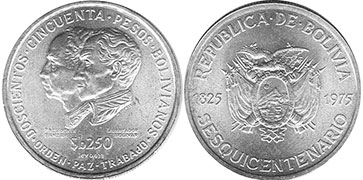 coin Bolivia 250 pesos 1975