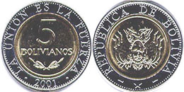 coin Bolivia 5 bolivianos 2001
