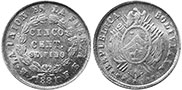 moneda Bolivia 5 centavos 1881