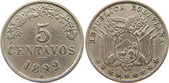 coin Bolivia 5 centavos 1892
