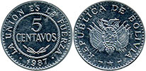 moneda Bolivia 5 centavos 1987