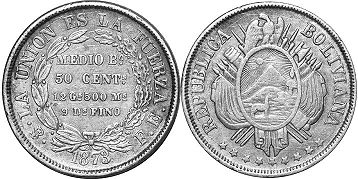 moneda Bolivia 50 centavos 1873