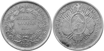 coin Bolivia 50 centavos 1896