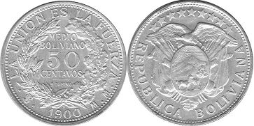 coin Bolivia 50 centavos 1900