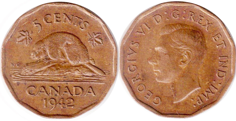 coin canadian old coin 5 cents 1942