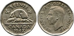 piece canadian old monnaie 5 cents 1947