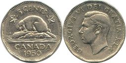 piece canadian old monnaie 5 cents 1950