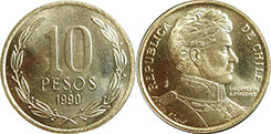 moneda Chilli 10 pesos 1990
