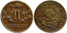 moneda Colombia 2 centavos 1949 antigua