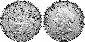 coin Colombia 50 centavos 1892
