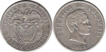 50 centavos a pesos colombianos 1934 antigua