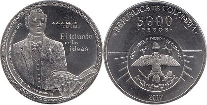 moneda de 5000 (5 cinco mil) pesos colombianos 2017