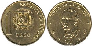 moneda Dominican Republic 1 peso 1991