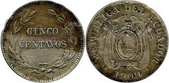moneda Ecuador 5 centavos 1909