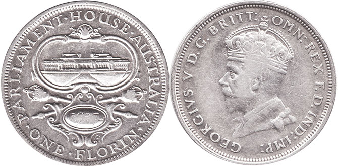 australian silver commemmorative coin 1 florin 1927