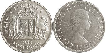 australian silver coin 1 florin 1954 Elizabeth II