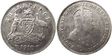 australian silver coin 3 pence 1910