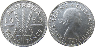 australian silver coin 3 pence 1953 Elizabeth II