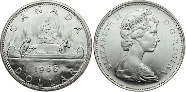 moneda canadiense Elizabeth II 1 dólar 1966