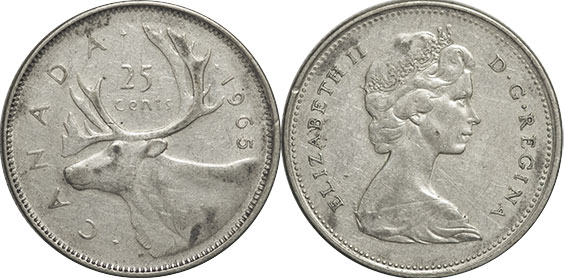 canadian coin Elizabeth II 25 cents 1965 silver