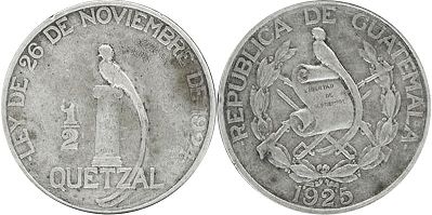 moneda antigua Guatemala 1/2 quetzal 1925