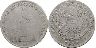 moneda antigua Guatemala 1/4 quetzal 1929