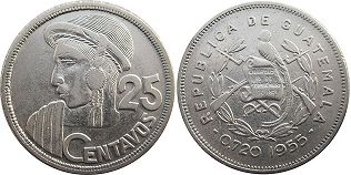 coin Guatemala 25 centavos 1955