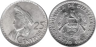 moneda Guatemala 25 centavos 1962