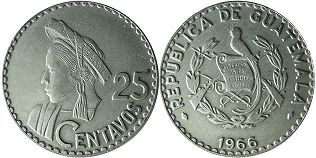 moneda Guatemala 25 centavos 1966