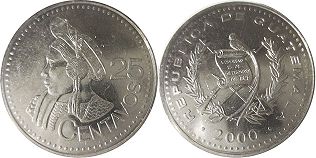 moneda Guatemala 25 centavos 2000