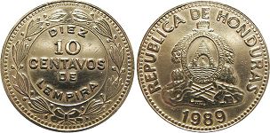 moneda Honduras 10 centavos 1989