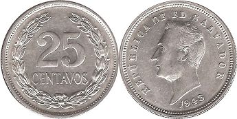moneda Salvador 25 centavos 1943