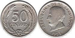 moneda Salvador 50 centavos 1953