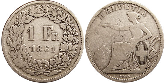 coin Switzerland 1 franc 1861