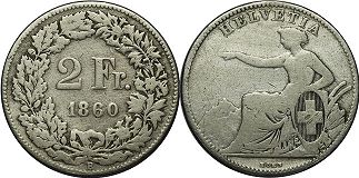 coin Switzerland 2 francs 1860