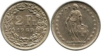 coin Switzerland 2 francs 1969