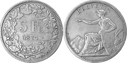 coin Switzerland 5 francs 1874