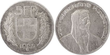 coin Switzerland 5 francs 1925