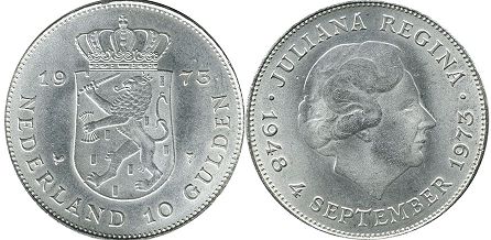 coin Netherlands 10 gulden 1973