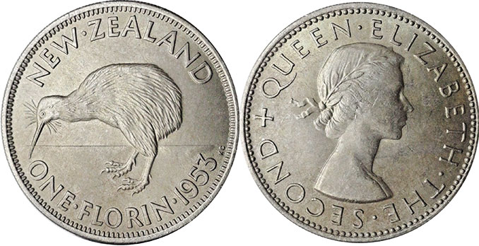 coin New Zealand florin 1953