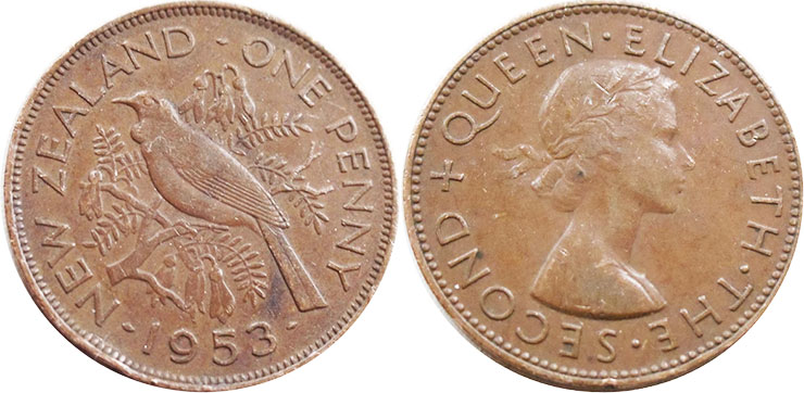 coin New Zealand 1 penny 1953