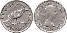 coin New Zealand 6 pence 1954