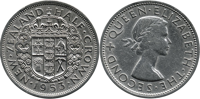 coin New Zealand 1/2 crown 1953
