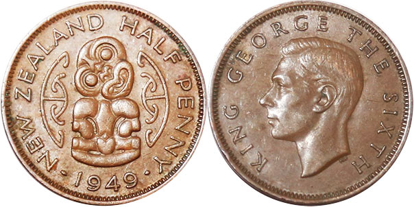 coin New Zealand 1/2 penny 1949