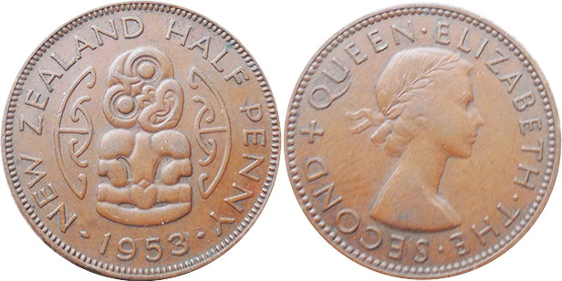 coin New Zealand 1/2 penny 1953
