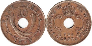 coin BRITISH EAST AFRICA 10 cents 1943