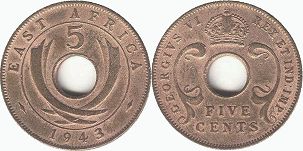 coin BRITISH EAST AFRICA 5 cents 1943