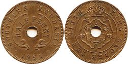 coin Rhodesia 1/2 penny 1951