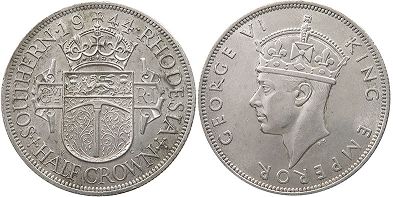 coin Rhodesia 1/2 crown 1944