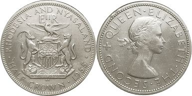 coin Rhodesia and Nyasaland 1/2 crown 1955